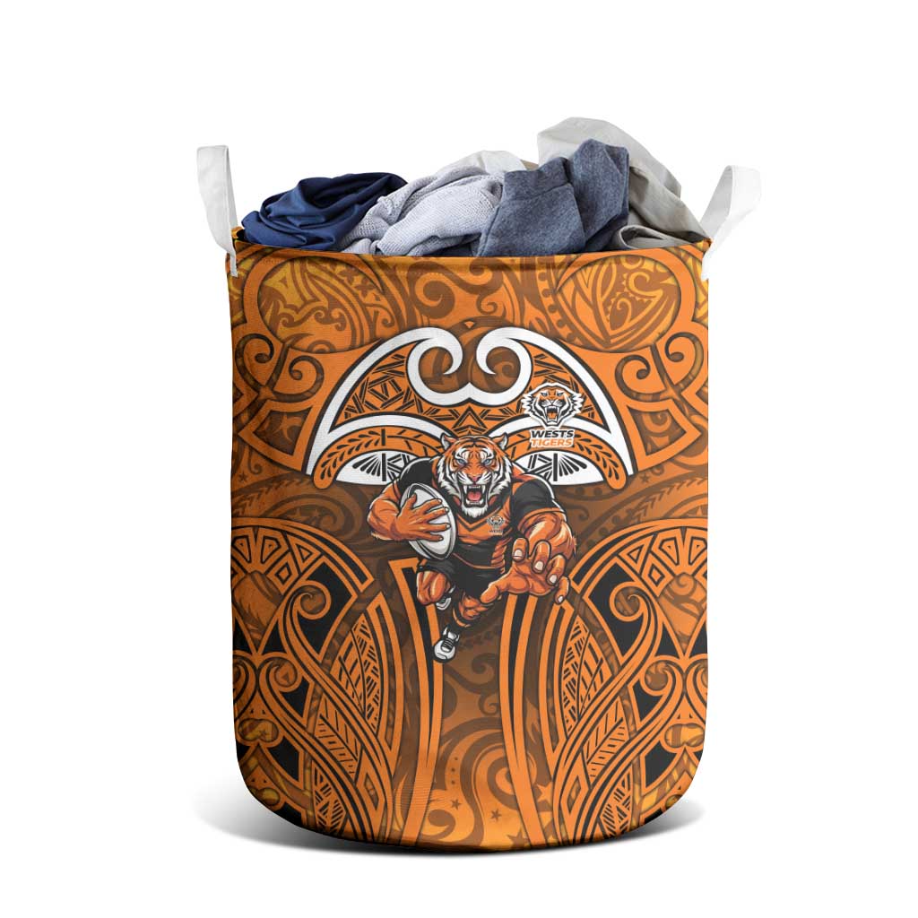 Wests Tigers Rugby Laundry Basket Polynesian Tribal Tiger Warrior Orange Black Pattern