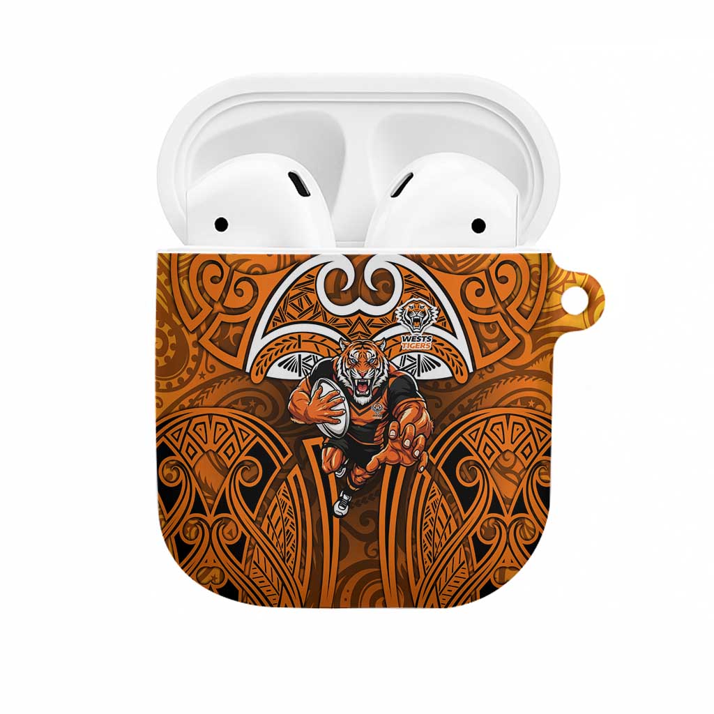 Wests Tigers Rugby AirPods Case Polynesian Tribal Tiger Warrior Orange Black Pattern