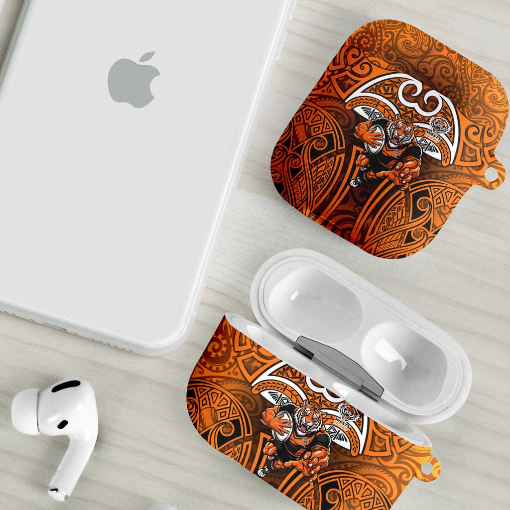 Wests Tigers Rugby AirPods Case Polynesian Tribal Tiger Warrior Orange Black Pattern
