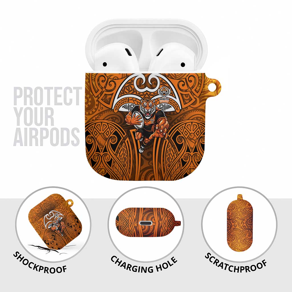 Wests Tigers Rugby AirPods Case Polynesian Tribal Tiger Warrior Orange Black Pattern