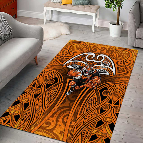 Wests Tigers Rugby Area Rug Polynesian Tribal Tiger Warrior Orange Black Pattern