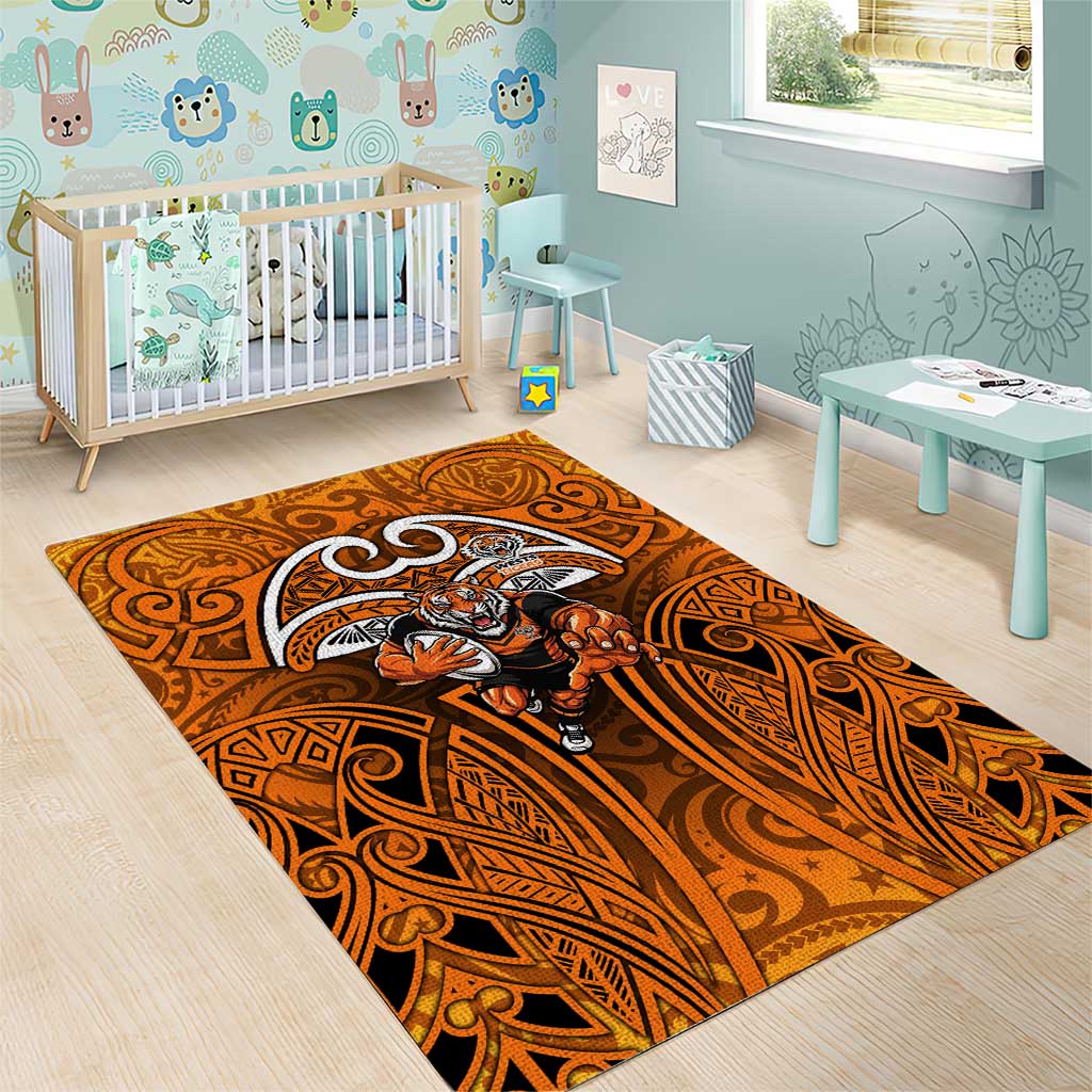 Wests Tigers Rugby Area Rug Polynesian Tribal Tiger Warrior Orange Black Pattern