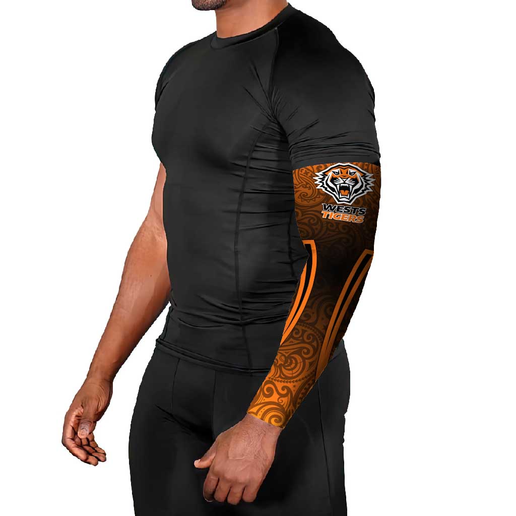 Wests Tigers Rugby Arm Sleeves Polynesian Tribal Tiger Warrior Orange Black Pattern