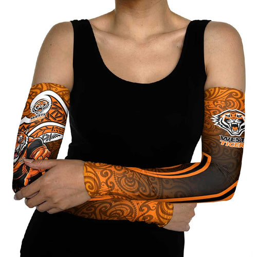 Wests Tigers Rugby Arm Sleeves Polynesian Tribal Tiger Warrior Orange Black Pattern