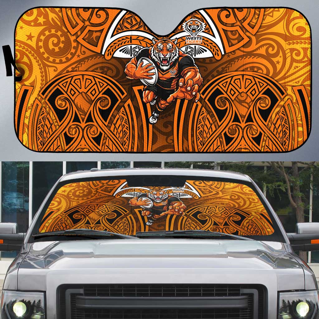 Wests Tigers Rugby Auto Sun Shade Polynesian Tribal Tiger Warrior Orange Black Pattern
