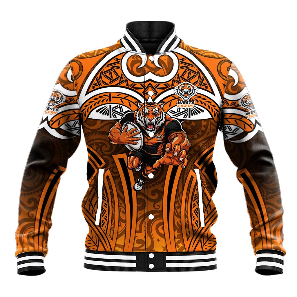 Wests Tigers Rugby Baseball Jacket Polynesian Tribal Tiger Warrior Orange Black Pattern