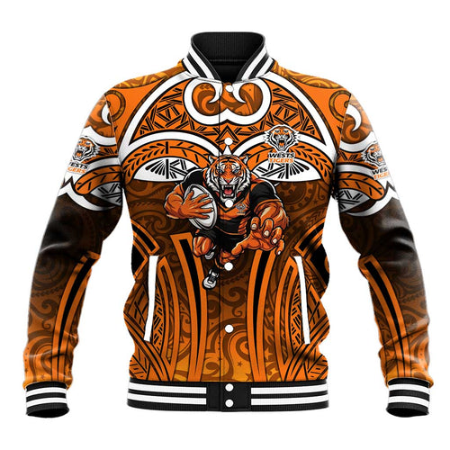 Wests Tigers Rugby Baseball Jacket Polynesian Tribal Tiger Warrior Orange Black Pattern