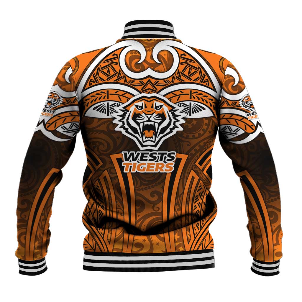 Wests Tigers Rugby Baseball Jacket Polynesian Tribal Tiger Warrior Orange Black Pattern