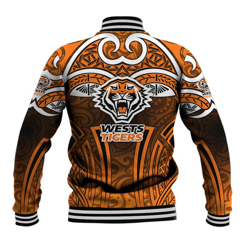 Wests Tigers Rugby Baseball Jacket Polynesian Tribal Tiger Warrior Orange Black Pattern