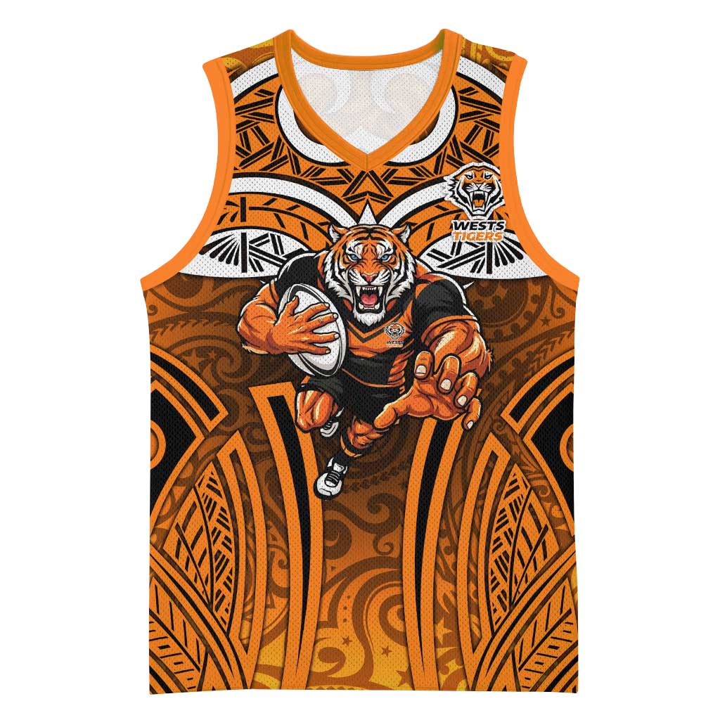 Wests Tigers Rugby Basketball Jersey Polynesian Tribal Tiger Warrior Orange Black Pattern