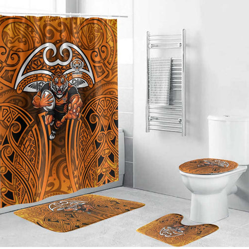 Wests Tigers Rugby Bathroom Set Polynesian Tribal Tiger Warrior Orange Black Pattern