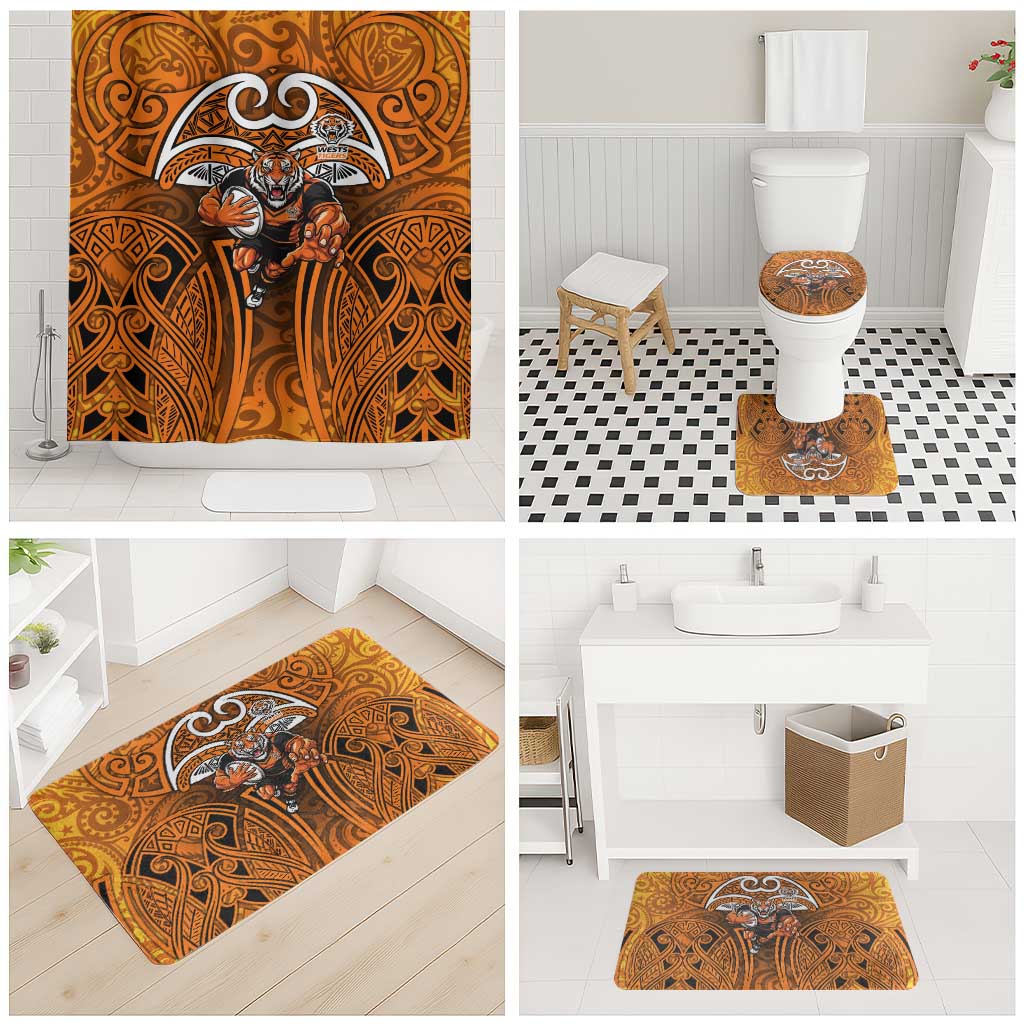 Wests Tigers Rugby Bathroom Set Polynesian Tribal Tiger Warrior Orange Black Pattern