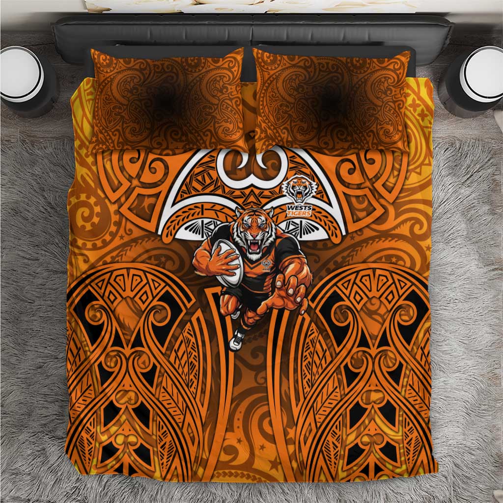 Wests Tigers Rugby Bedding Set Polynesian Tribal Tiger Warrior Orange Black Pattern