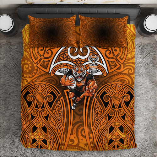 Wests Tigers Rugby Bedding Set Polynesian Tribal Tiger Warrior Orange Black Pattern