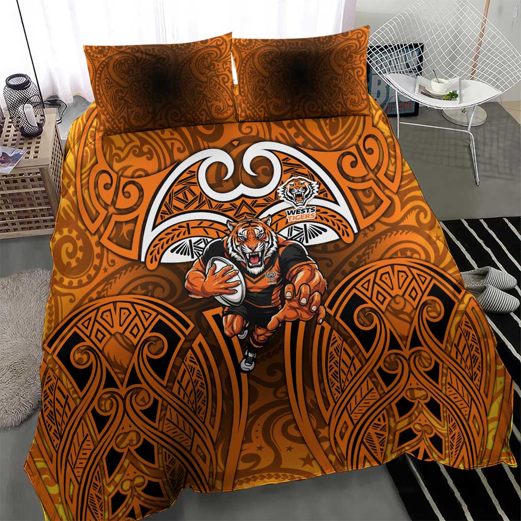 Wests Tigers Rugby Bedding Set Polynesian Tribal Tiger Warrior Orange Black Pattern