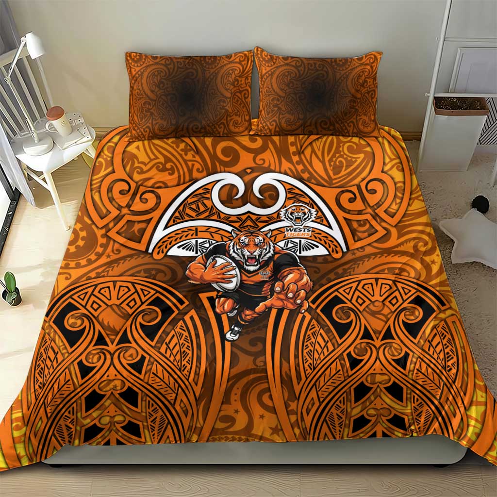 Wests Tigers Rugby Bedding Set Polynesian Tribal Tiger Warrior Orange Black Pattern
