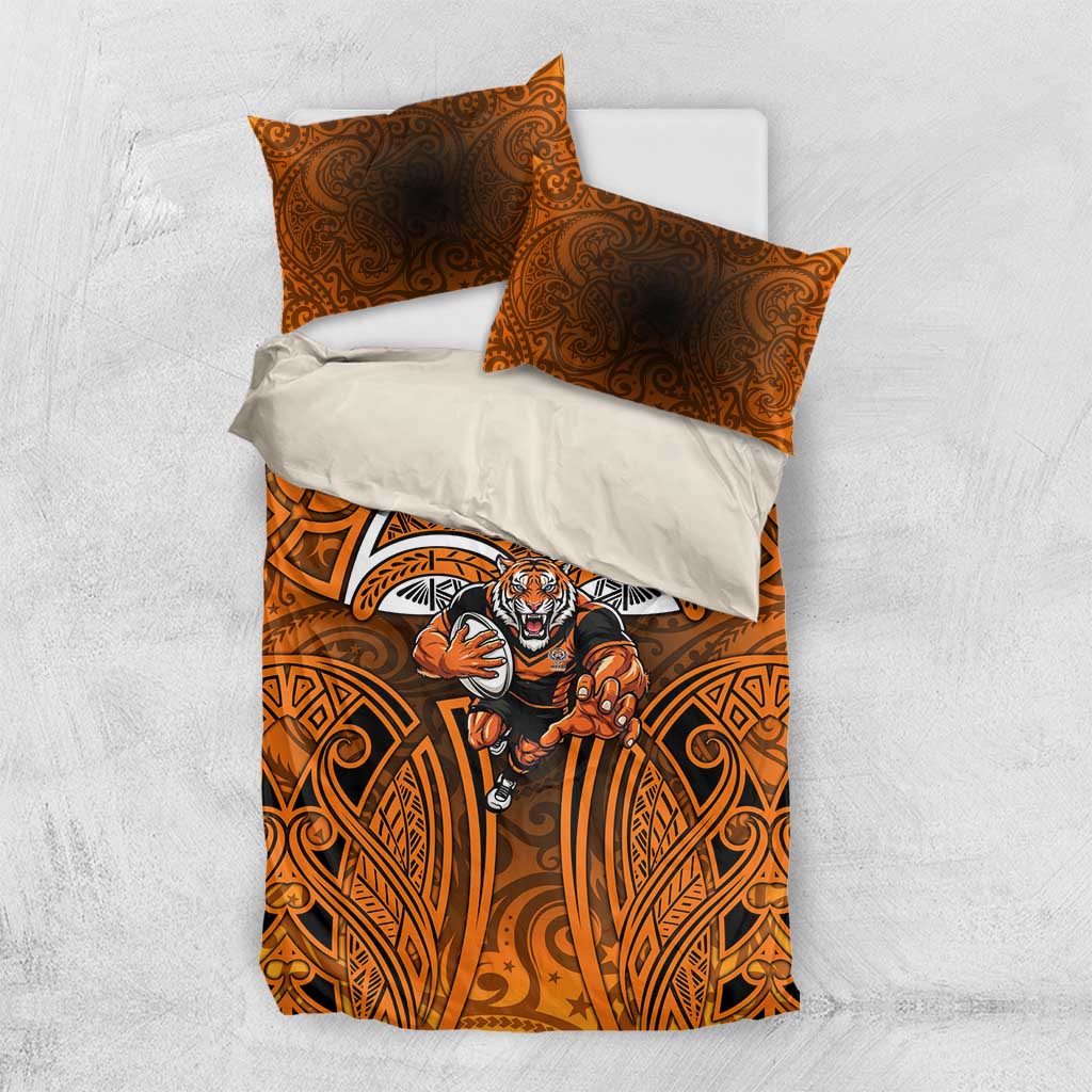 Wests Tigers Rugby Bedding Set Polynesian Tribal Tiger Warrior Orange Black Pattern