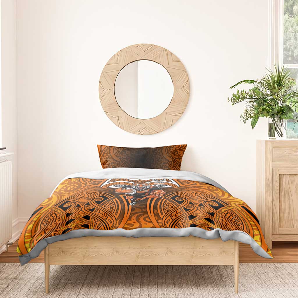 Wests Tigers Rugby Bedding Set Polynesian Tribal Tiger Warrior Orange Black Pattern
