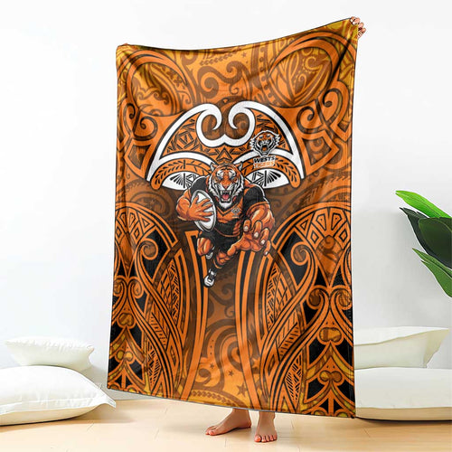 Wests Tigers Rugby Blanket Polynesian Tribal Tiger Warrior Orange Black Pattern
