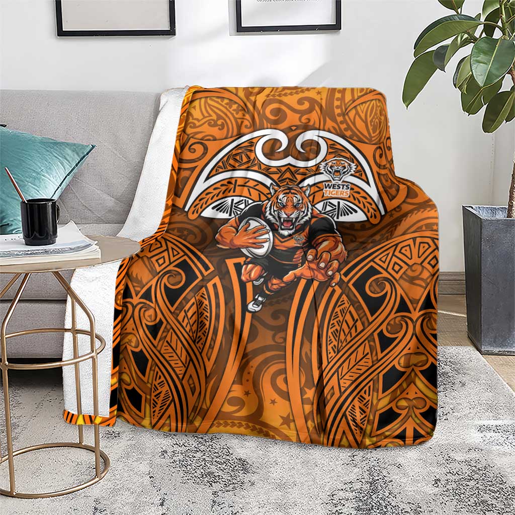 Wests Tigers Rugby Blanket Polynesian Tribal Tiger Warrior Orange Black Pattern