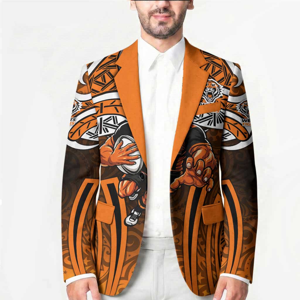 Wests Tigers Rugby Blazer Polynesian Tribal Tiger Warrior Orange Black Pattern