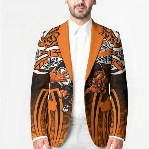 Wests Tigers Rugby Blazer Polynesian Tribal Tiger Warrior Orange Black Pattern