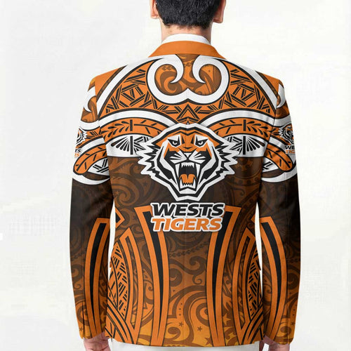 Wests Tigers Rugby Blazer Polynesian Tribal Tiger Warrior Orange Black Pattern