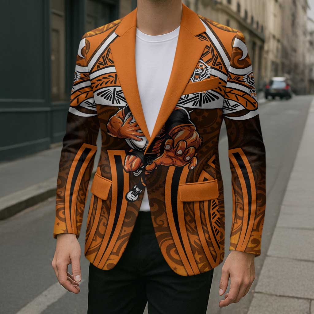 Wests Tigers Rugby Blazer Polynesian Tribal Tiger Warrior Orange Black Pattern