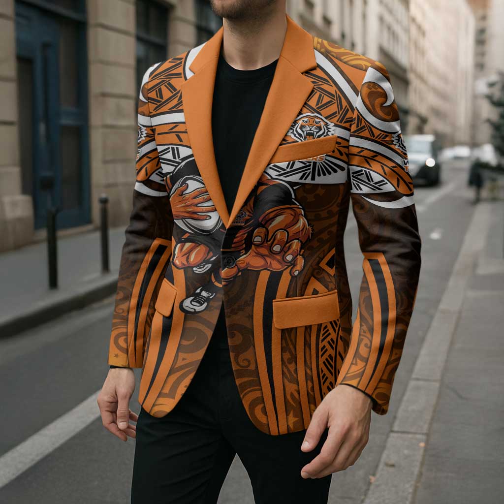 Wests Tigers Rugby Blazer Polynesian Tribal Tiger Warrior Orange Black Pattern