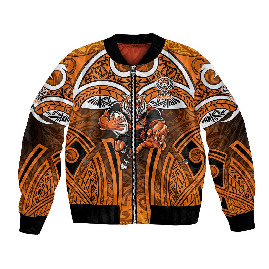Wests Tigers Rugby Bomber Jacket Polynesian Tribal Tiger Warrior Orange Black Pattern