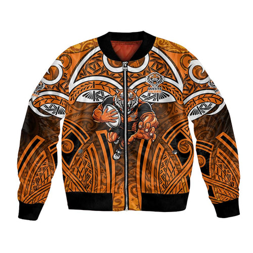 Wests Tigers Rugby Bomber Jacket Polynesian Tribal Tiger Warrior Orange Black Pattern