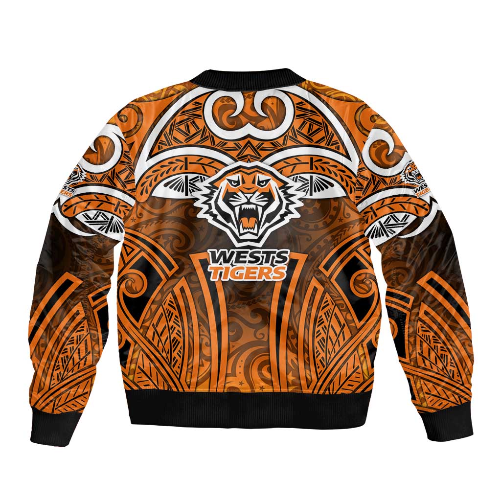 Wests Tigers Rugby Bomber Jacket Polynesian Tribal Tiger Warrior Orange Black Pattern