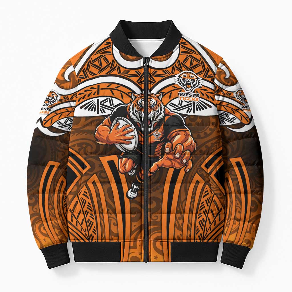 Wests Tigers Rugby Bomber Puffer Jacket Polynesian Tribal Tiger Warrior Orange Black Pattern