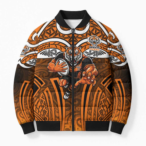 Wests Tigers Rugby Bomber Puffer Jacket Polynesian Tribal Tiger Warrior Orange Black Pattern
