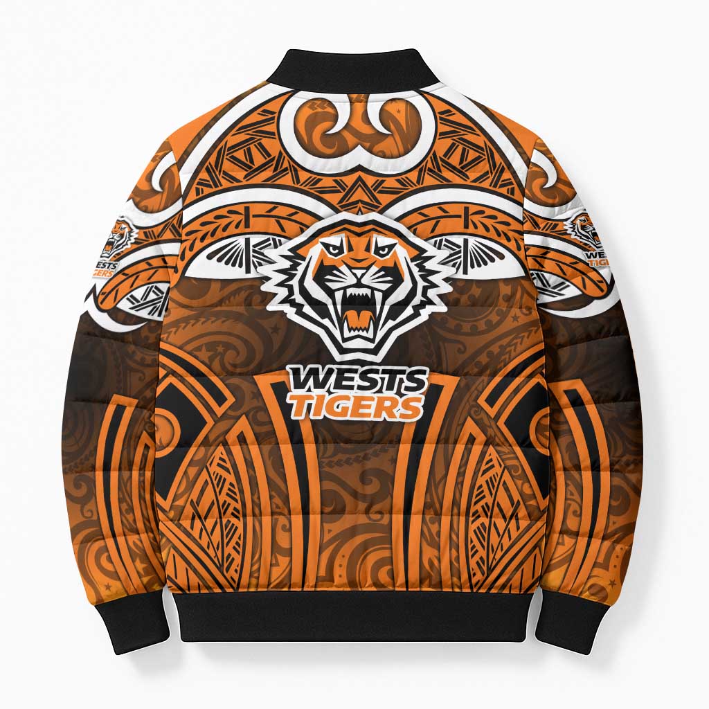 Wests Tigers Rugby Bomber Puffer Jacket Polynesian Tribal Tiger Warrior Orange Black Pattern