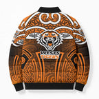 Wests Tigers Rugby Bomber Puffer Jacket Polynesian Tribal Tiger Warrior Orange Black Pattern