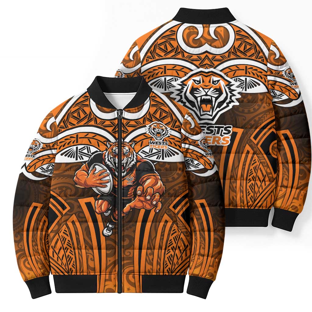 Wests Tigers Rugby Bomber Puffer Jacket Polynesian Tribal Tiger Warrior Orange Black Pattern
