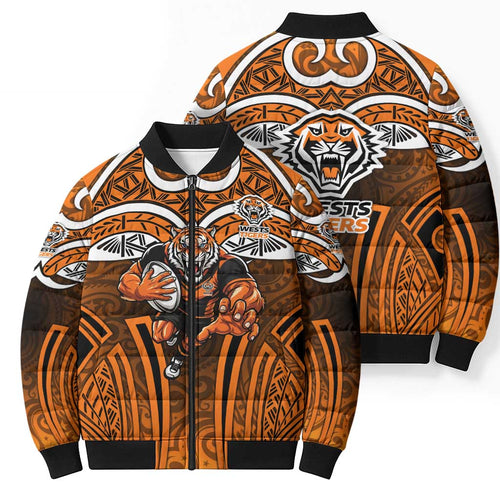 Wests Tigers Rugby Bomber Puffer Jacket Polynesian Tribal Tiger Warrior Orange Black Pattern
