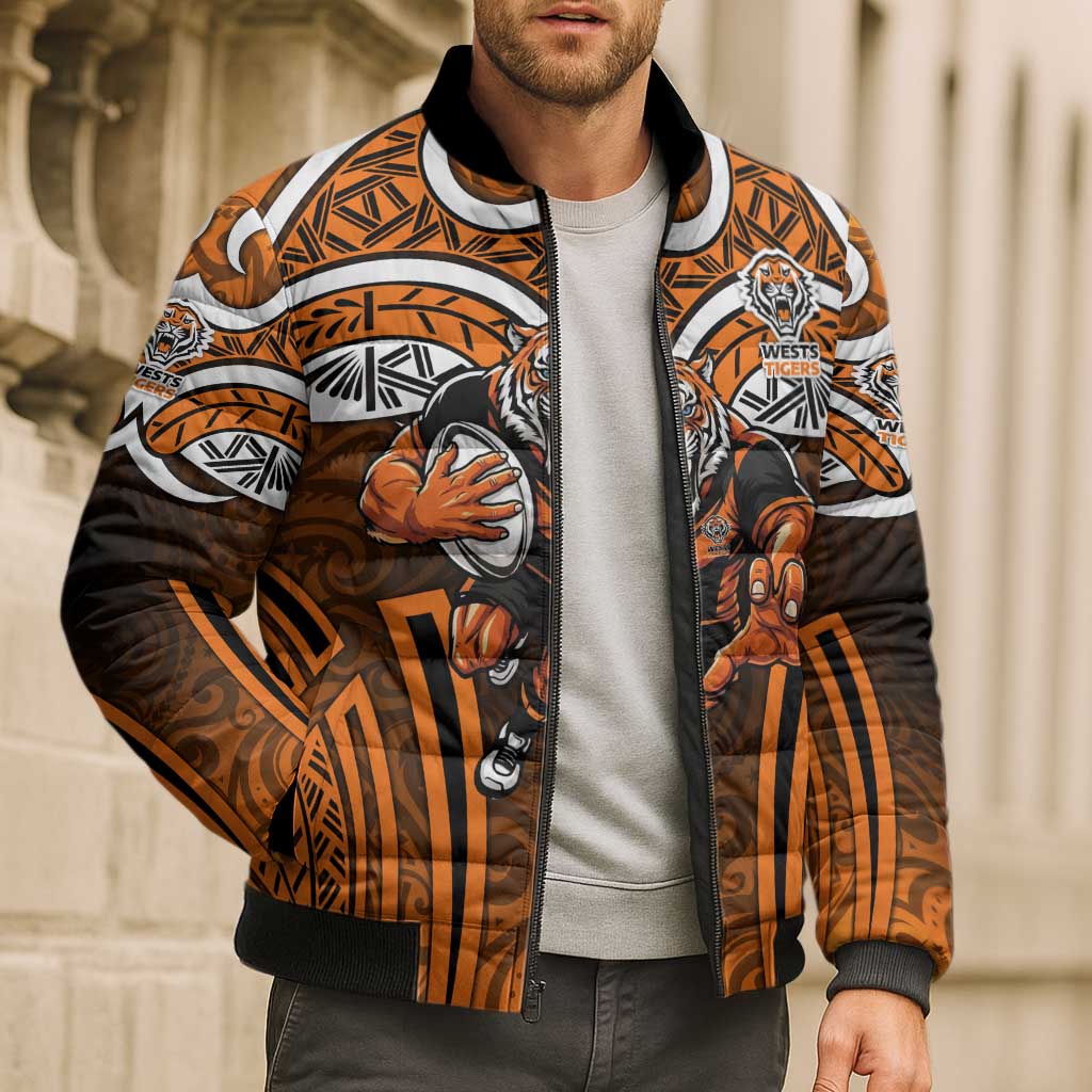 Wests Tigers Rugby Bomber Puffer Jacket Polynesian Tribal Tiger Warrior Orange Black Pattern