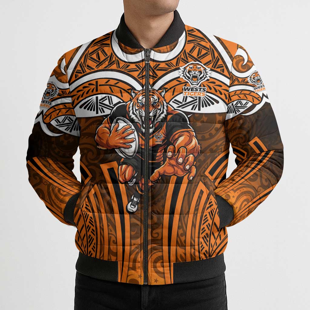 Wests Tigers Rugby Bomber Puffer Jacket Polynesian Tribal Tiger Warrior Orange Black Pattern