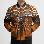 Wests Tigers Rugby Bomber Puffer Jacket Polynesian Tribal Tiger Warrior Orange Black Pattern