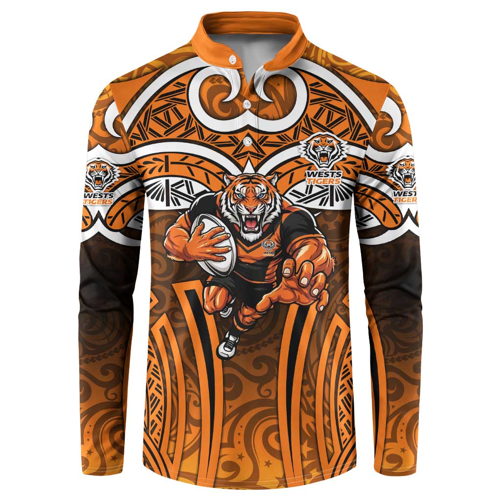 Wests Tigers Rugby Button Sweatshirt Polynesian Tribal Tiger Warrior Orange Black Pattern