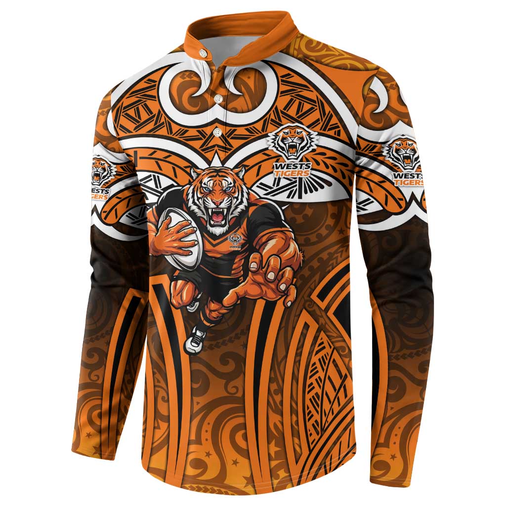 Wests Tigers Rugby Button Sweatshirt Polynesian Tribal Tiger Warrior Orange Black Pattern