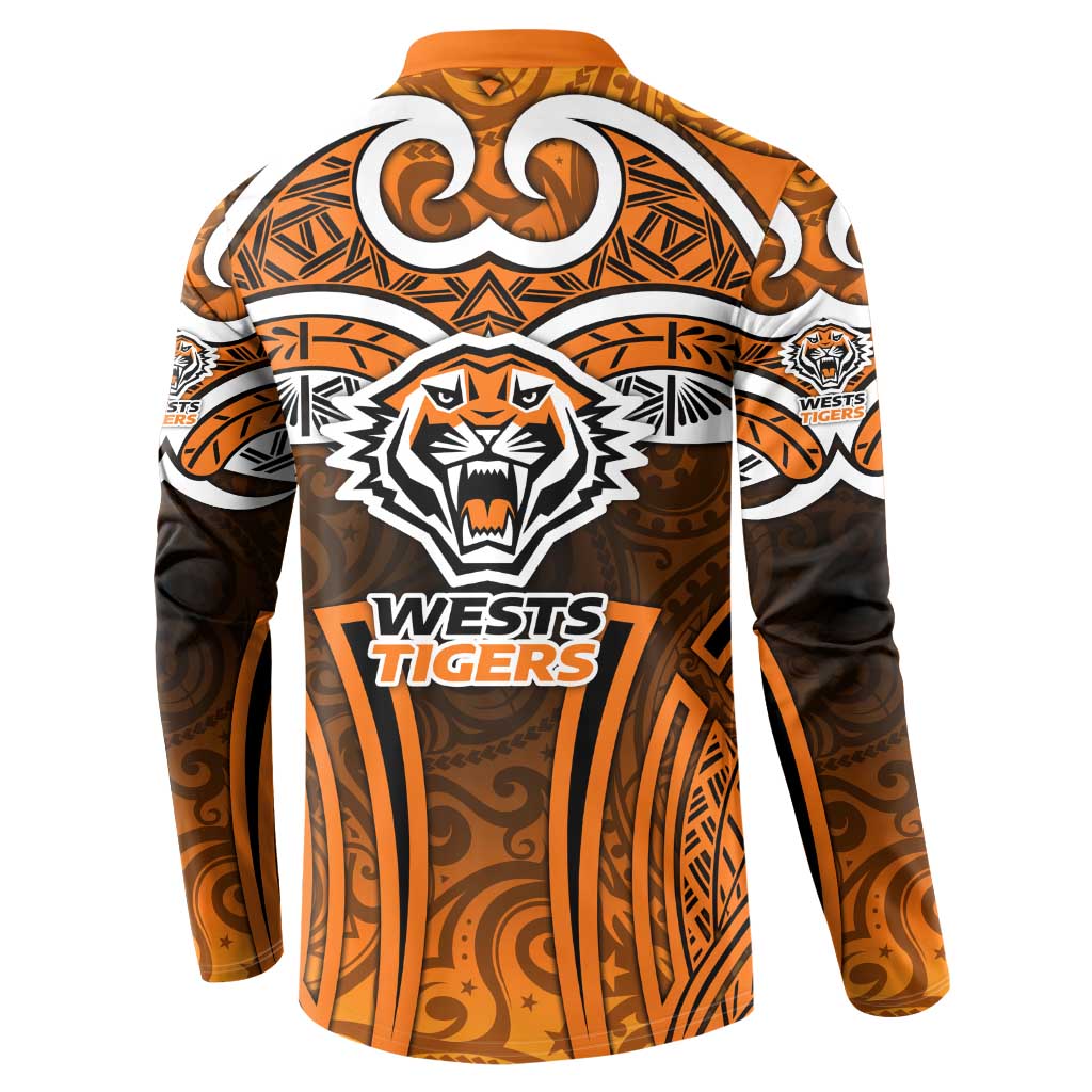 Wests Tigers Rugby Button Sweatshirt Polynesian Tribal Tiger Warrior Orange Black Pattern