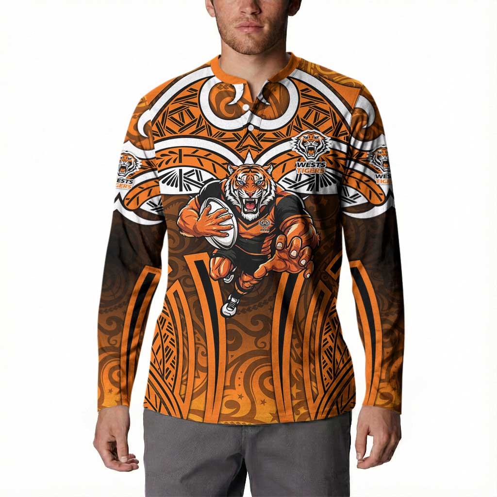 Wests Tigers Rugby Button Sweatshirt Polynesian Tribal Tiger Warrior Orange Black Pattern