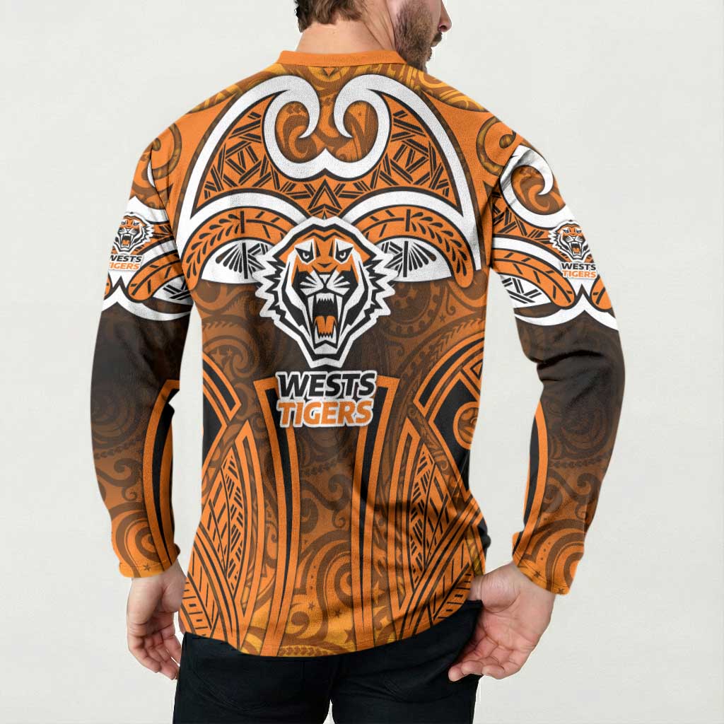 Wests Tigers Rugby Button Sweatshirt Polynesian Tribal Tiger Warrior Orange Black Pattern