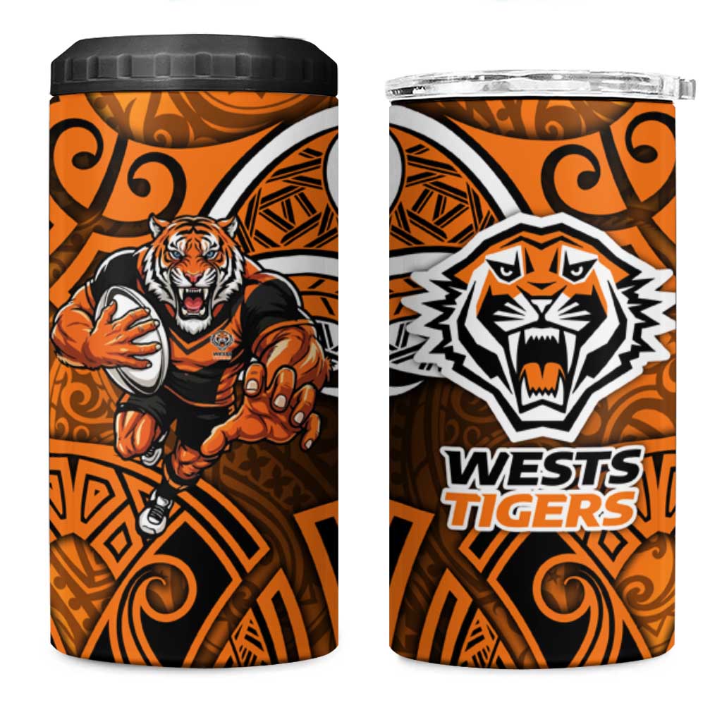 Wests Tigers Rugby 4 in 1 Can Cooler Tumbler Polynesian Tribal Tiger Warrior Orange Black Pattern