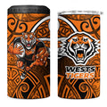 Wests Tigers Rugby 4 in 1 Can Cooler Tumbler Polynesian Tribal Tiger Warrior Orange Black Pattern