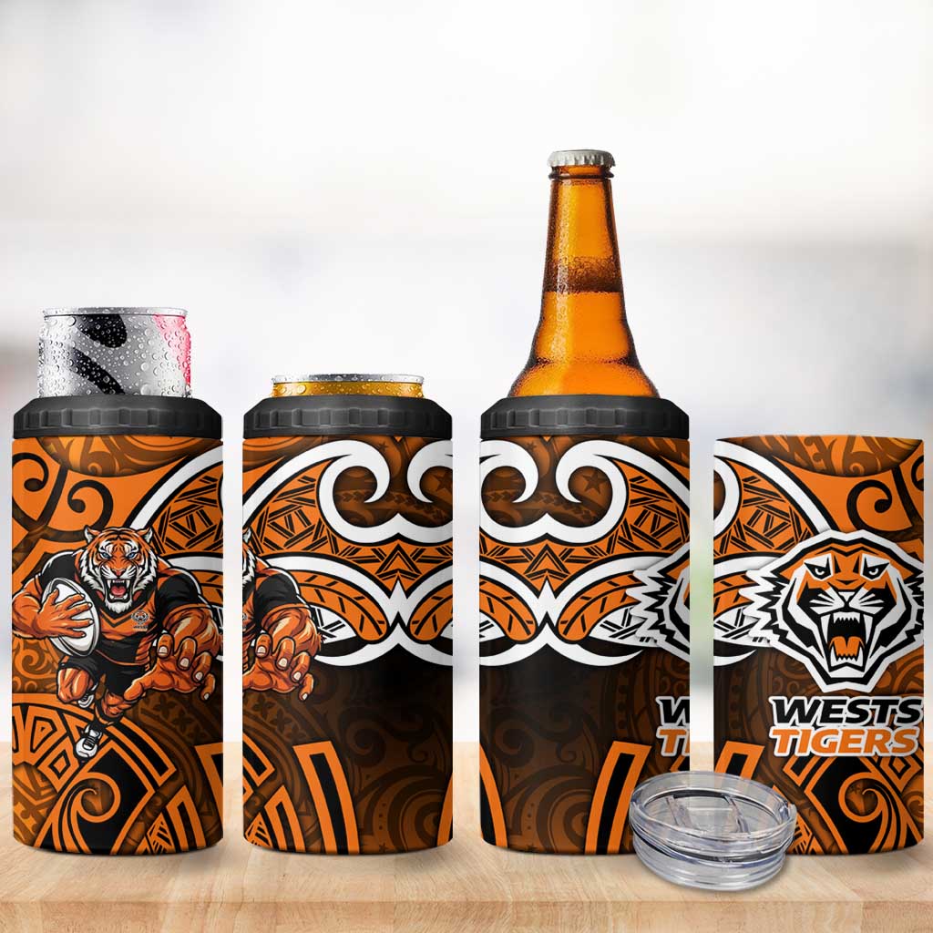 Wests Tigers Rugby 4 in 1 Can Cooler Tumbler Polynesian Tribal Tiger Warrior Orange Black Pattern
