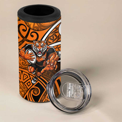 Wests Tigers Rugby 4 in 1 Can Cooler Tumbler Polynesian Tribal Tiger Warrior Orange Black Pattern